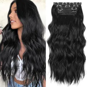 Clip In Wavy Hair Extensions for girls ,14/20inch Natural Black Like Real Hair , Black Highlighted Honey Blonde 4PCS Synthetic Hair Extensions Complete Hair Extensions, Long Curls Fiber Hairpieces Full Head and Lightweight Hair Extension for Women