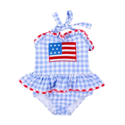Americana One Piece Swimsuit - Girls Blue Gingham Flag Swimwear
