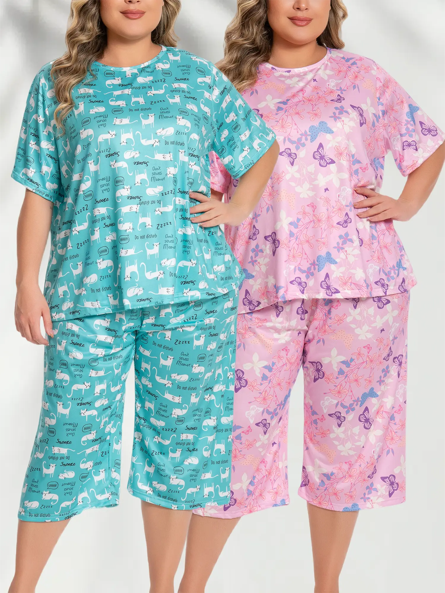 LONAGIRL Women's Plus Size (1XL-5XL) 2-Piece Pyjamas Set - Shortsleeve Top + Capri Pants, Cute Cartoon Print, Comfortable Loose Loungewear (2 Styles, Striped, Red) for Outdoor Fun Clothes