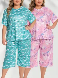 LONAGIRL Plus Size (1XL-5XL) Women's 2-Piece Pajama Set: Short-Sleeve Top + Capri Pants | Cute Cartoon Print Loungewear (2 Styles) Fit Striped
