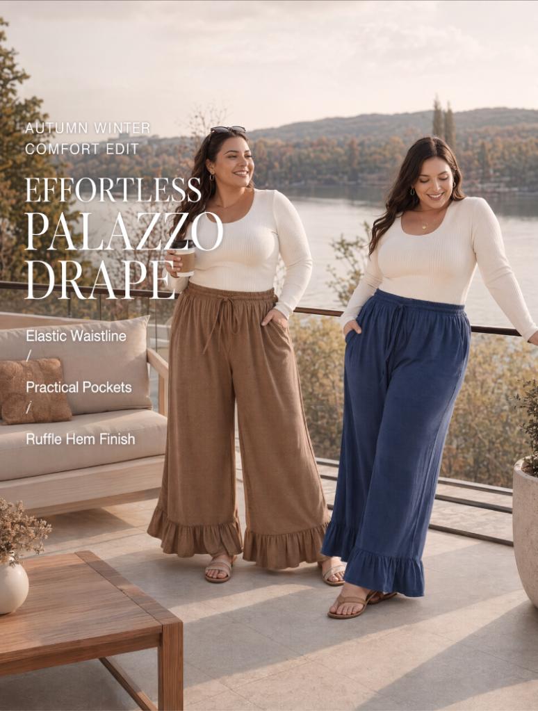 Eytino Womens Plus Size Wide Leg Pants Casual Elastic High Waisted Drawstring Ruffle Hem Palazzo Pants with Pockets(1X-5X)