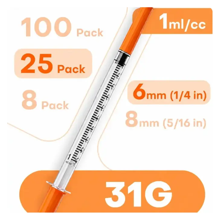 100-Pack 1mL U-100 31G 6mm Syringes with Needle, Precision Liquid Dispensing Tools | Individually Packed With Clear Scale Markings, Lab & Camping Essentials