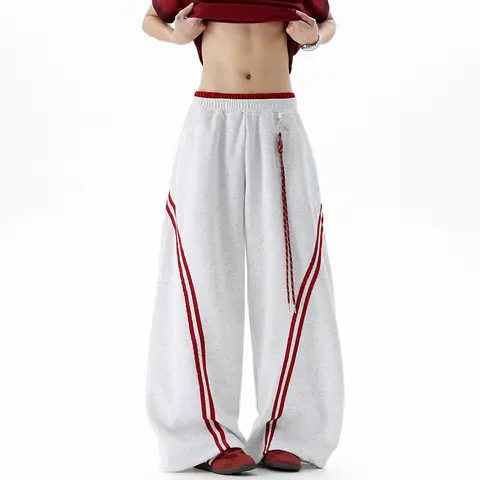 Unisex Contrast Red V Shape Double Stripe Wide Leg Sweatpants Red Trim Elastic Waist Braided Drawstring Baggy Loose Y2K Hip Hop Streetwear Lounge Track Pants