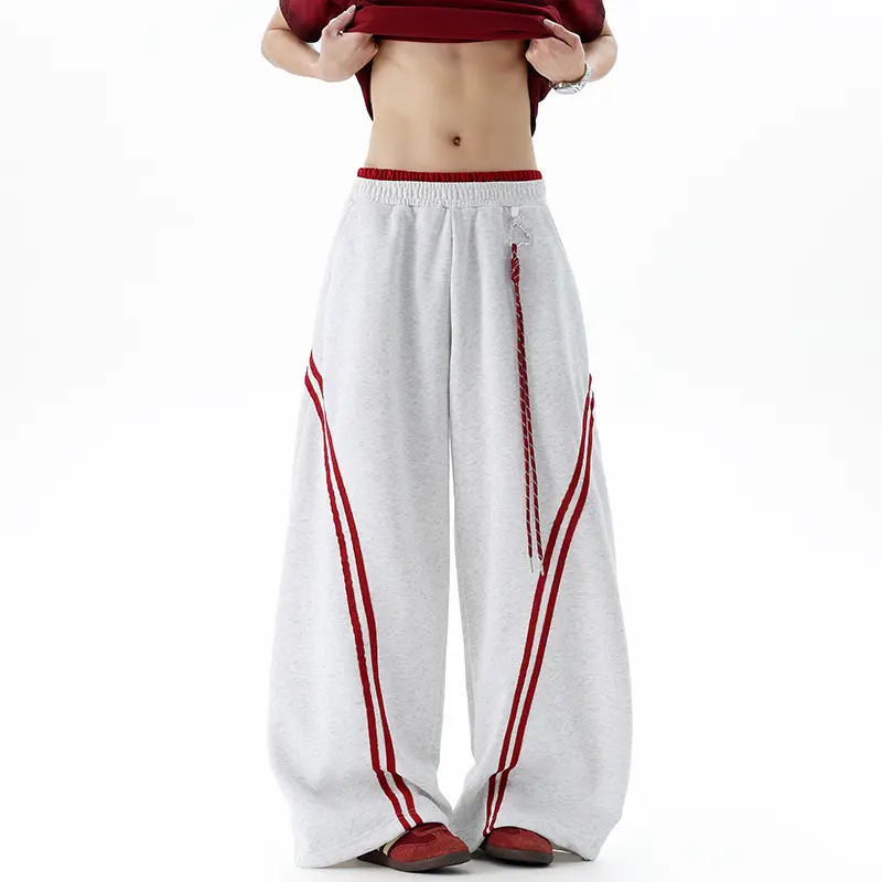 Unisex Contrast Red V Shape Double Stripe Wide Leg Sweatpants Red Trim Elastic Waist Braided Drawstring Baggy Loose Y2K Hip Hop Streetwear Lounge Track Pants