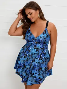 Tummy Control Plus Size One Piece Swimdress, Twist Front Cutout Tropical Print Swimwear for Beach