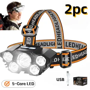 2 Pack USB Rechargeable Headlamp, 5-Core LED Adjustable Headlamps, 4 Lighting Modes, IPX Waterproof, 180° Rotatable Lamp Head & Adjustable Elastic Headband, Compact Portable Head Flashlight for Camping Hiking Fishing Hard Hat Work