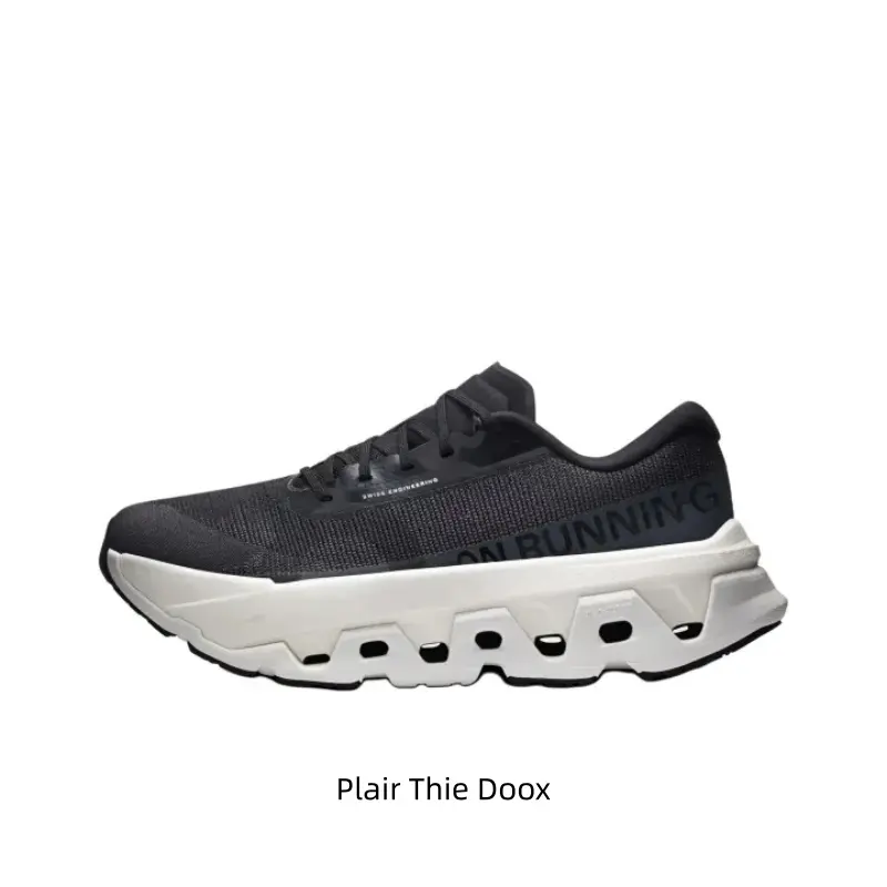 All-black lightweight running sneakers with breathable one-piece engineered mesh, hollow wave shock-absorbing off-white midsole and segmented black-grip outsole