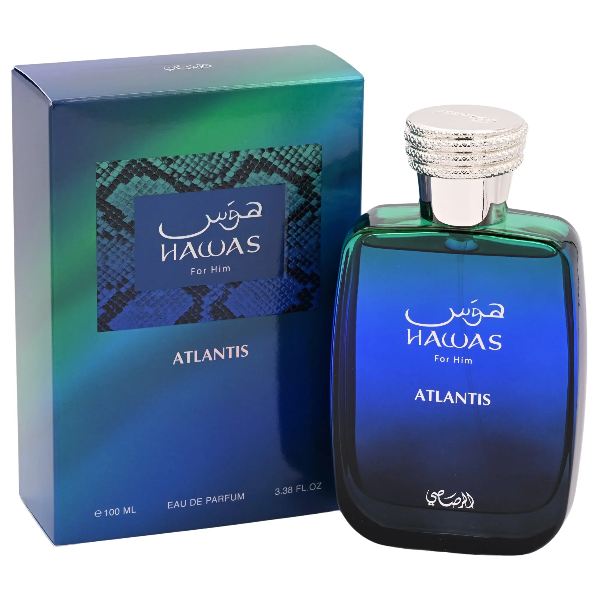 Rasasi Hawas Atlantis Eau de Parfum for Men, Fresh Aquatic Citrus Cologne, 100 ml Perfume Spray, 3.4 fl oz in New Retail Box, Amber, Bergamot, Fruity, Floral, Lemon, Men's Fragrance, Amber Base, Edp