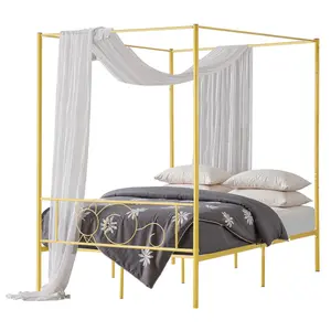 Full Size Metal Canopy Bed Frame With Headboard And Four-Poster Posts, Durable Steel Construction, Compatible With Full, Queen, Or King Size Mattresses, Easy Assembly, Slats Included, No Box Spring Required, Classic Bedroom Decor