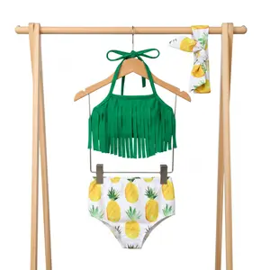 Baby Girls 3 Pieces Bikini Set, Halter Sling Tassels Swimwear Tops + Pineapple Printed Bottoms + Headband Set