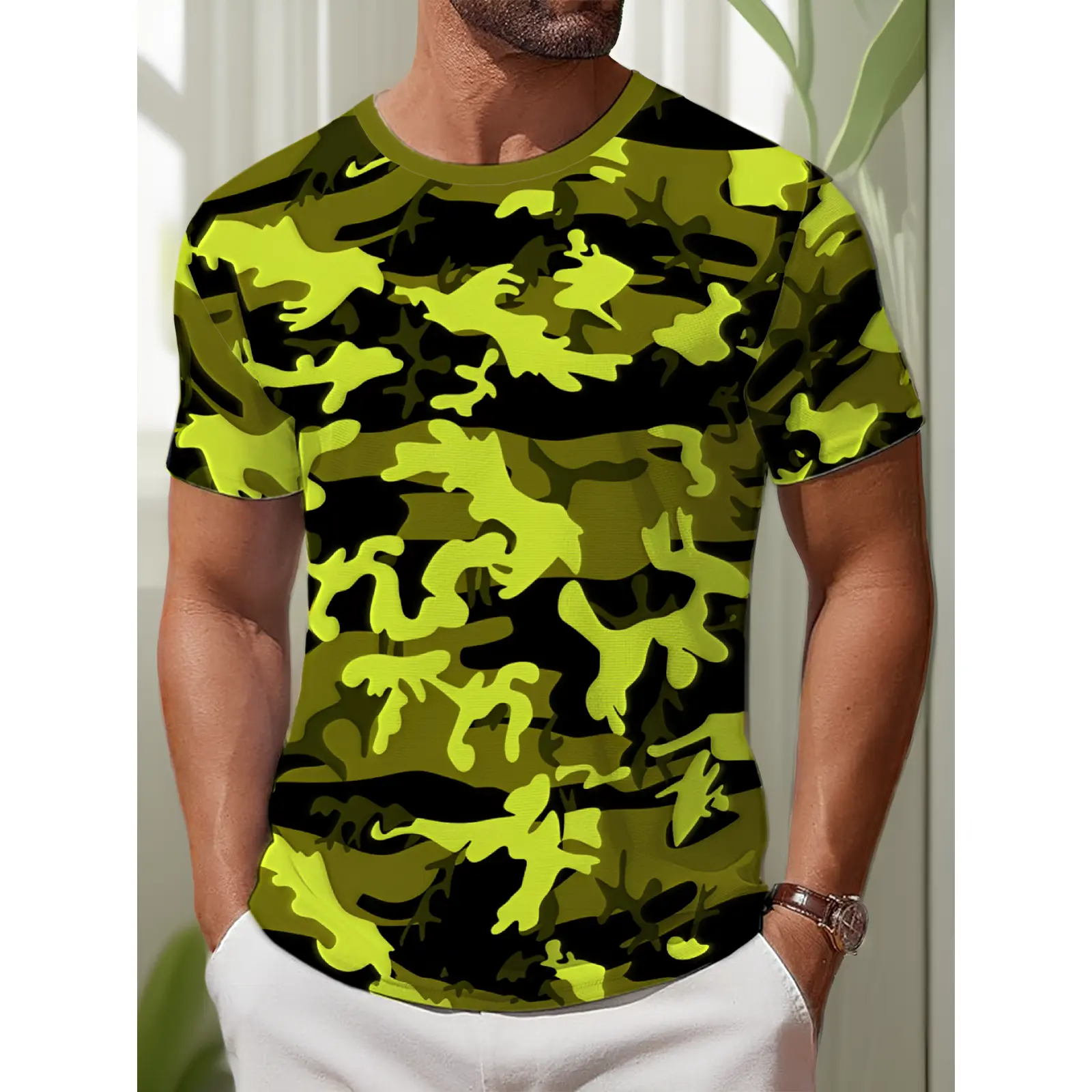 Men's Fluorescent Green All-Over Print Drop Shoulder Casual Crew Neck Short Sleeve T-Shirts - European & American Plus Size Normal Type Breathable Summer Sports Outdoor Commute Base Shirts, Machine Washable, Do Not Dry Clean