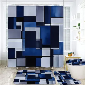 1/4pcs Modern Geometric Bathroom Decor Set - Bold Abstract Block Pattern Shower Curtain Sets with Matching Toilet Lid Cover, Contour Bath Mat & U-Shaped Base Mat in Navy Blue, Silver Gray & Charcoal for a Stylish Holiday Refresh