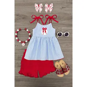 Blue & Red Striped Baseball Short Set