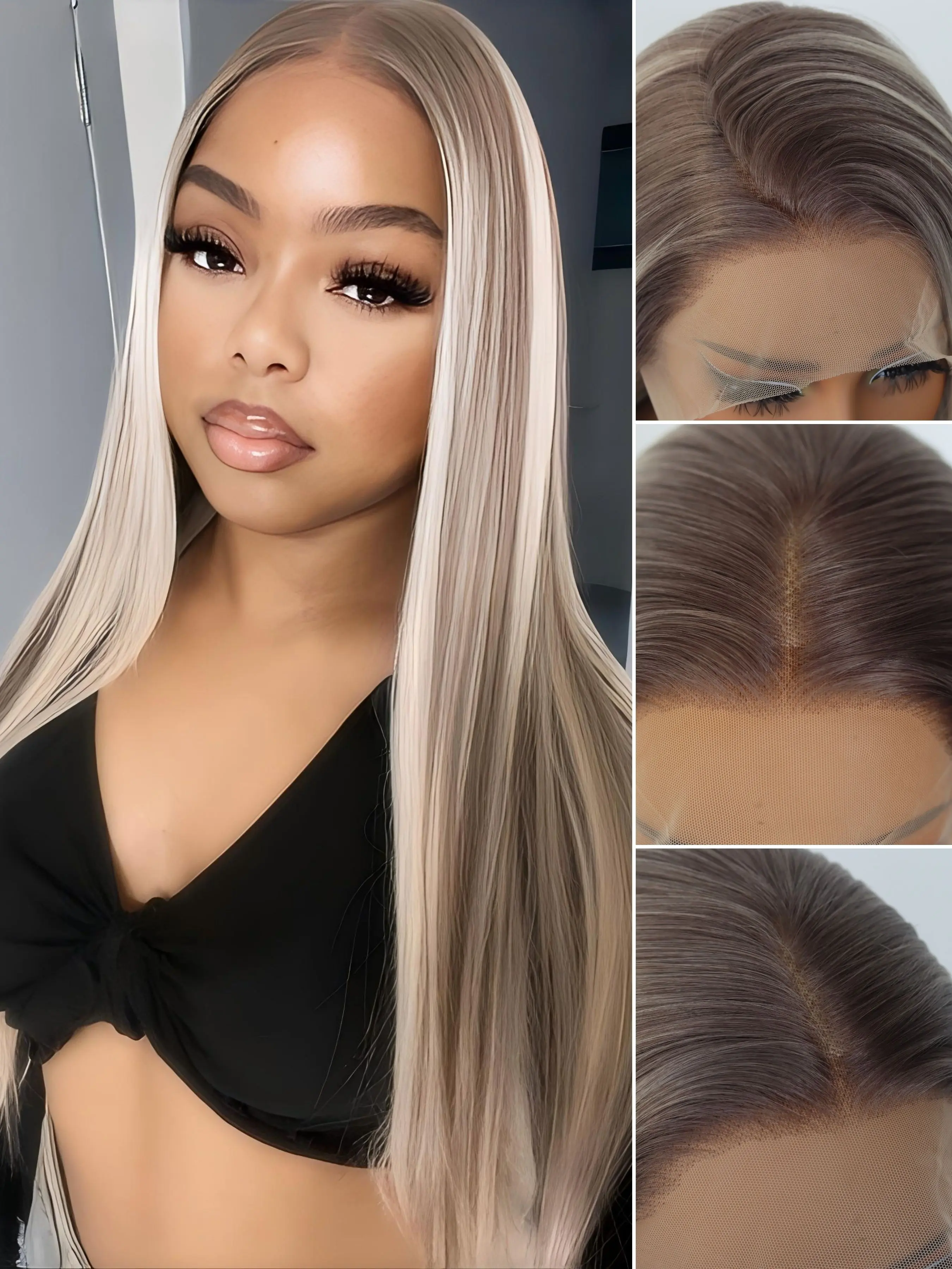Ash Blonde Mix Blonde Highlight with Dark Root Synthetic Lace Front Wigs Straight Natural Density Preplucked Hairline 13x4 HD Transparent Lace Wig Lace Frontal Wigs Natural Looking Wig for Party Christmas 28 Inch