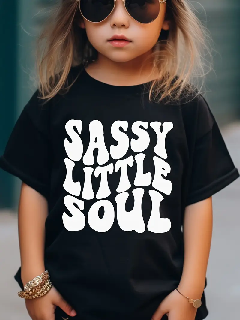Girl's Cotton & Sassy Little Soul Letter Print Short Sleeve T-Shirts, Comfy Breathable Crew Neck, Knit Fabric, Machine Washable, Summer Wear