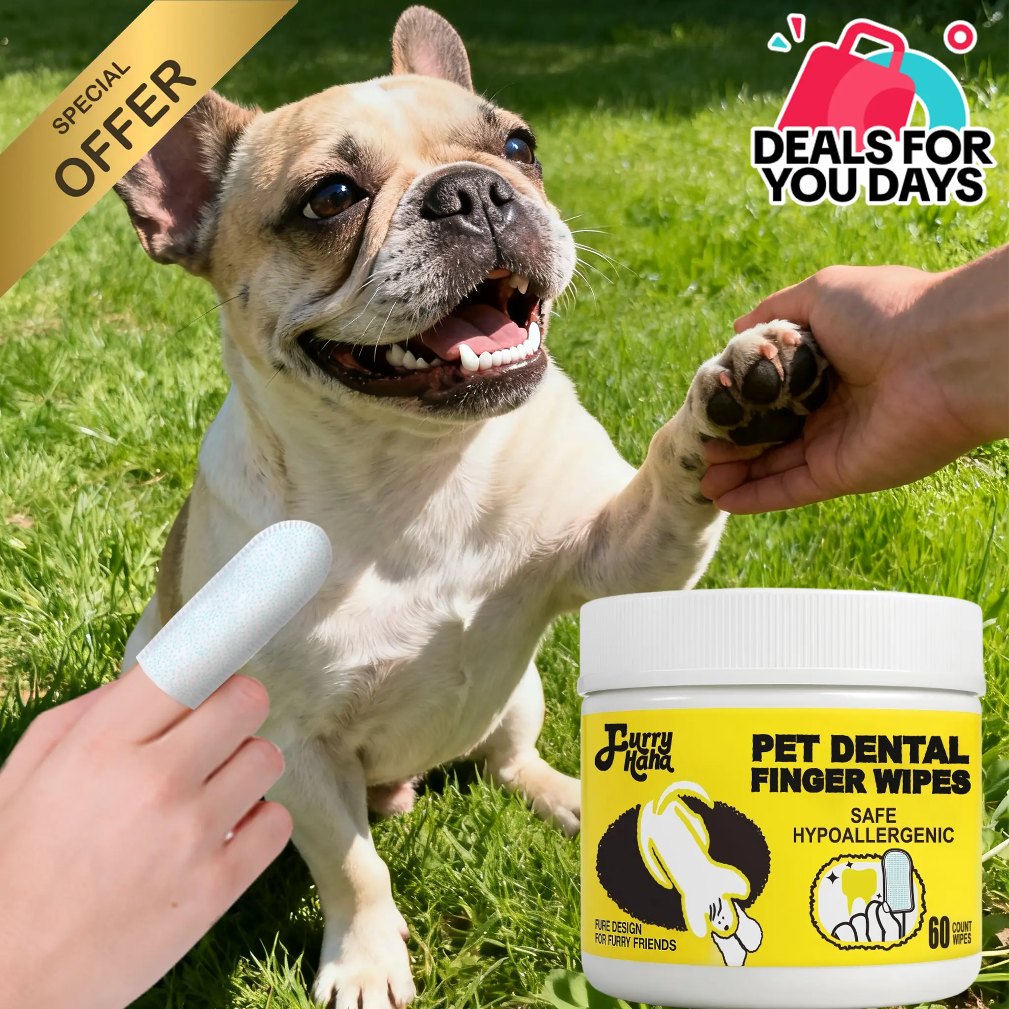 Vet-Approved Pet Dental Wipes | Gentle Natural Allergy-Free for Dogs & Cats | Fresh Breath Fast Plaque Tartar Gone | 60ct Furry Haha for Pets Supplies Grooming Cleaner Cleaning