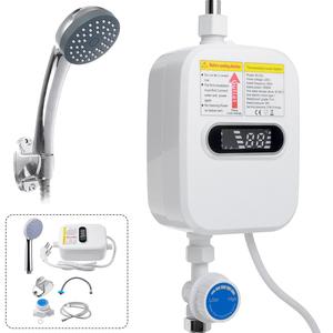 3500W Electric Tankless Water Heater Shower Head Set with LCD Display Instant Hot Water Easy Install for Bathrooms Kitchens and RVs White Stainless Steel Household Appliances