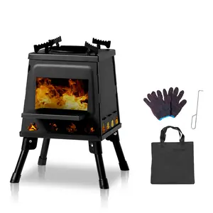 Wood Burning Camp Stove, Detachable Portable Cast Iron Camping Wood Stove for Picnic Hunting Fishing BBQ Backpacking Hiking Survival Heating Emergency Outdoor Cooking with Grill Grid Carry Bag