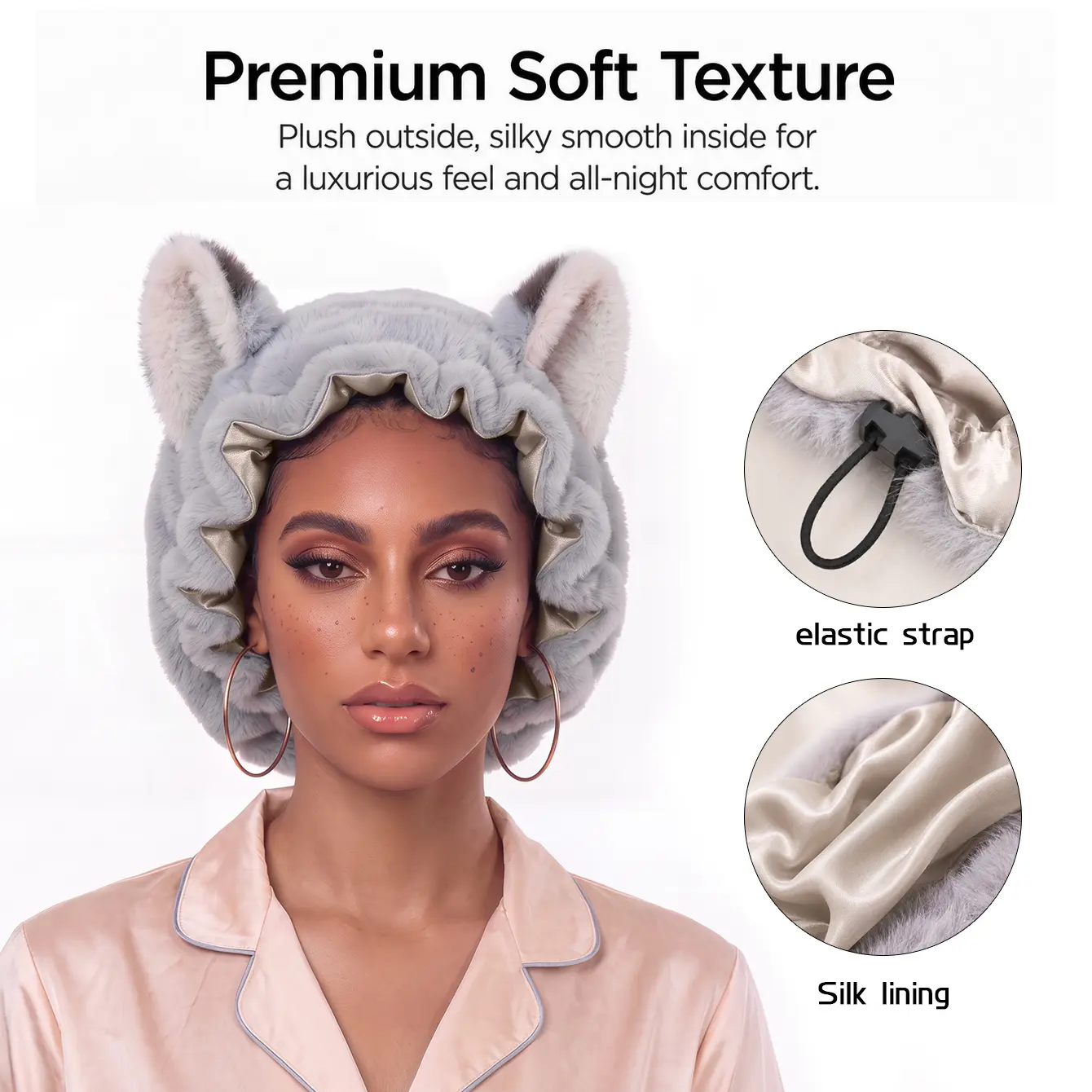 Original Design Layered Fox Ear Plush Sleep Hair Bonnet Ruffle Satin Lining Wide Hair Wrap Soft Fluffy Cap for Overnight Hair Protection Facial Skincare Makeup