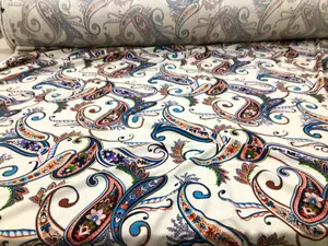 Printed Liverpool Textured Fabric Stretch Cream Peach Navy Paisley Floral 1N25