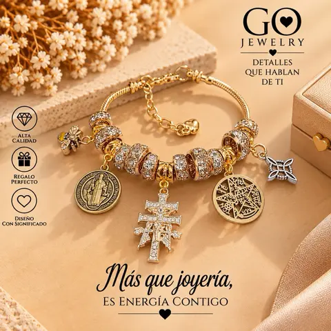 Bee, San Benito, Cruz de Caravaca, Tetragramaton, Witch knot gold plated bracelet