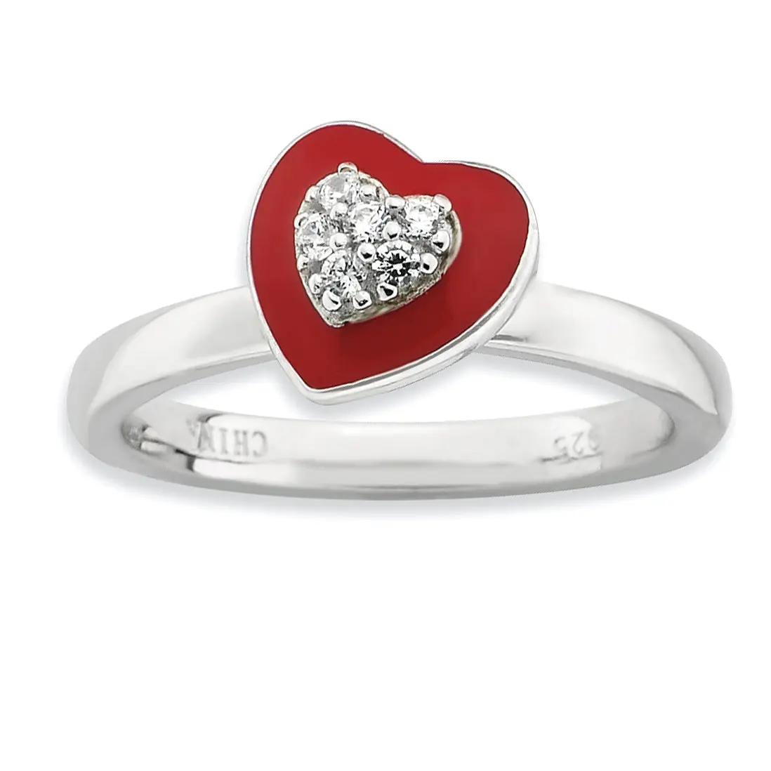 Sterling Silver Stackable Ring - Polished Finish, Heart Shape, Enamelled CZ, Prong Set Stones, Stackable Rings for Fashion Jewelry Enthusiasts, Solid