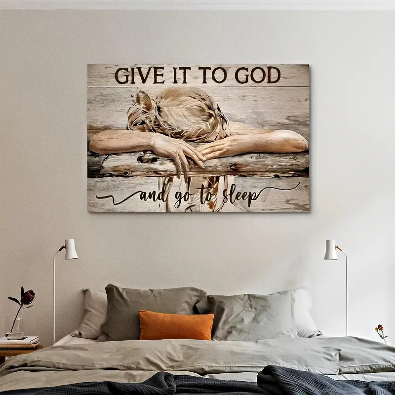 Ready-to-hang Framed Canvas Art - Vintage Wall Art with Inspirational Letter Print, "GIVE IT TO GOD"Ideal Home Decor for Living Rooms & Bedrooms, Perfect for Gifting on Holidays, Framed Wall Arts