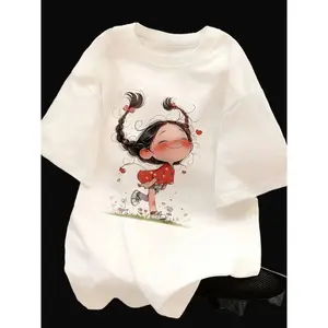 Women's Cute Little Print T-Shirt, 60% Polyester + 5% Spandex + 35% Cartoon, Loose Fit, Casual, T-Shirt for Women, Tops, Womenswear, Everyday