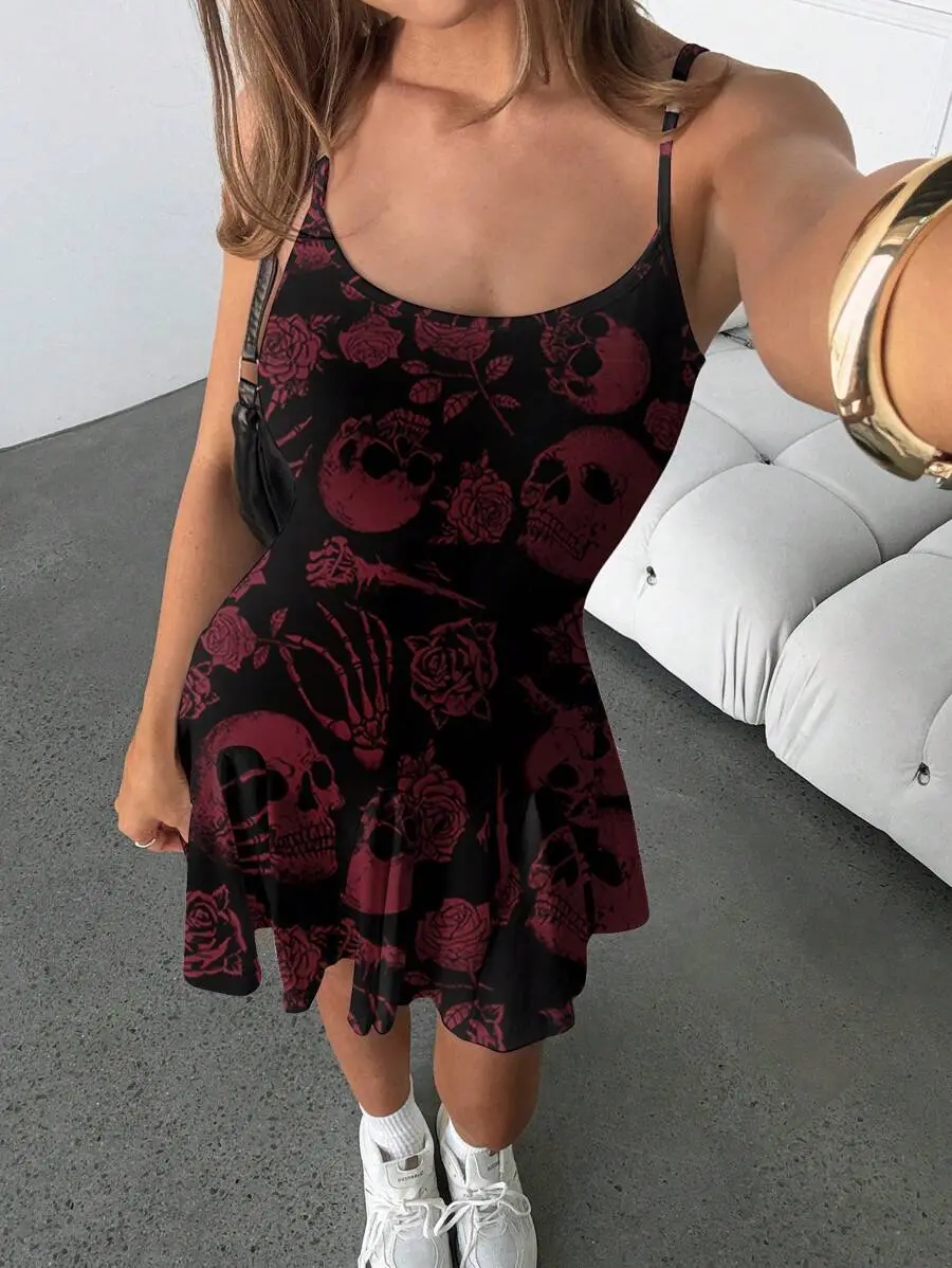 SHANIAH Women's Casual Skull & Rose Pattern A-Line Mini Dress - Suitable for Halloween, Club Chic Outings