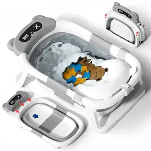 Baby Bathtub,Collapsible Bathtub  Newborn to Toddler,Durable Essential Infant Bath Tub,Portable Travel Baby Tub with Soft Cushion,No-Slip Hanging and Detachable(Grey)