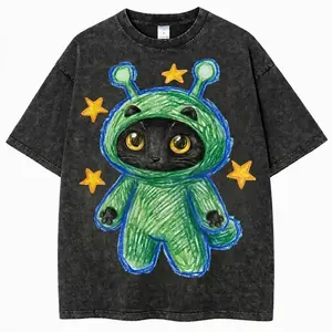 Vintage Washed Alien Cat T-Shirt, Colorful Streetwear Tee, Vintage Style