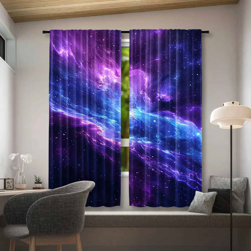 2 Pieces Blue Purple Galaxy Curtains - Cosmic Nebula Digital Print Semi-Transparent Rod Pocket Curtains, 100% Polyester Fiber for Living Room Bedroom Kitchen Decoration, Machine Washable Modern Home Fabric Curtains, Smooth Texture with Nebula Pattern