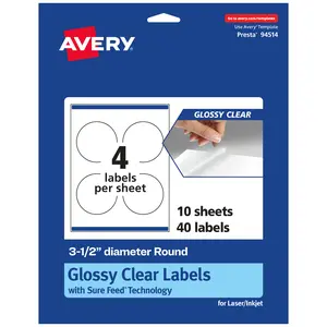 Avery Glossy Clear Round Labels with Sure Feed, 3.5" diameter