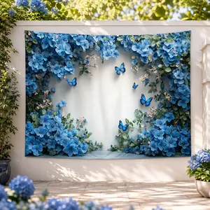 Blue Floral Tapestry Wall Hanging, Romantic Garden Backdrop with Butterflies, Aesthetic Flower Wall Decor for Bedroom Dorm Living Room