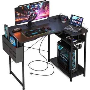 Small Gaming Desk with Power Outlets, 40 Inch L Shaped Desks with Reversible Shelves and Storage Bag,Computer Desk Corner Desk PC Desk for Gaming and Home Office Table,Black