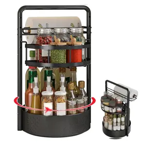 Rustproof 2-layer rotating metal condiment organizer, countertop spice storage holder with paper towel rack, heavy-duty kitchen bottle storage caddy funny stickers
