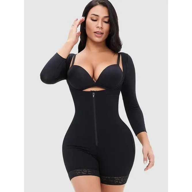 Full Size Zip Up Lace Detail Long Sleeve Shapewear