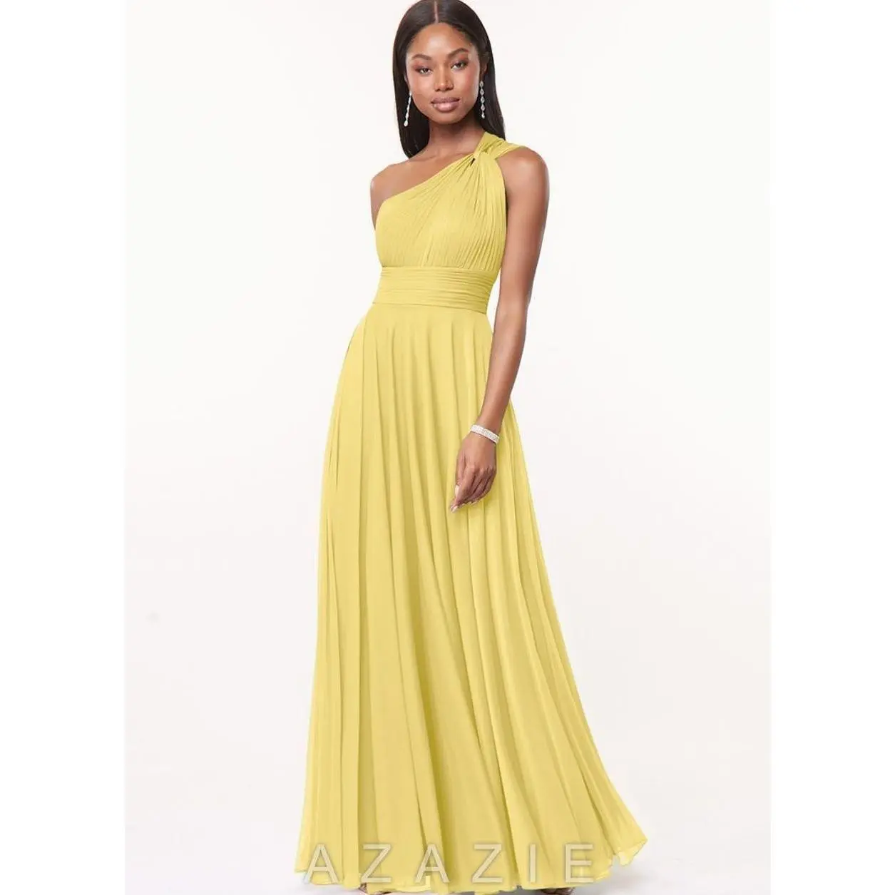 Azazie Charlize Agave A-Line One Shoulder Mesh Dress