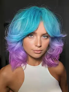 Blue to Purple Curly Wigs for Women Short Purple Wig with Bangs Wavy Wigs for Women Ombre Purple Synthetic Hair Lavender Wig for Black Wig Synthetic Material Wigs Synthetic Hairpiece (Purple/Blue)