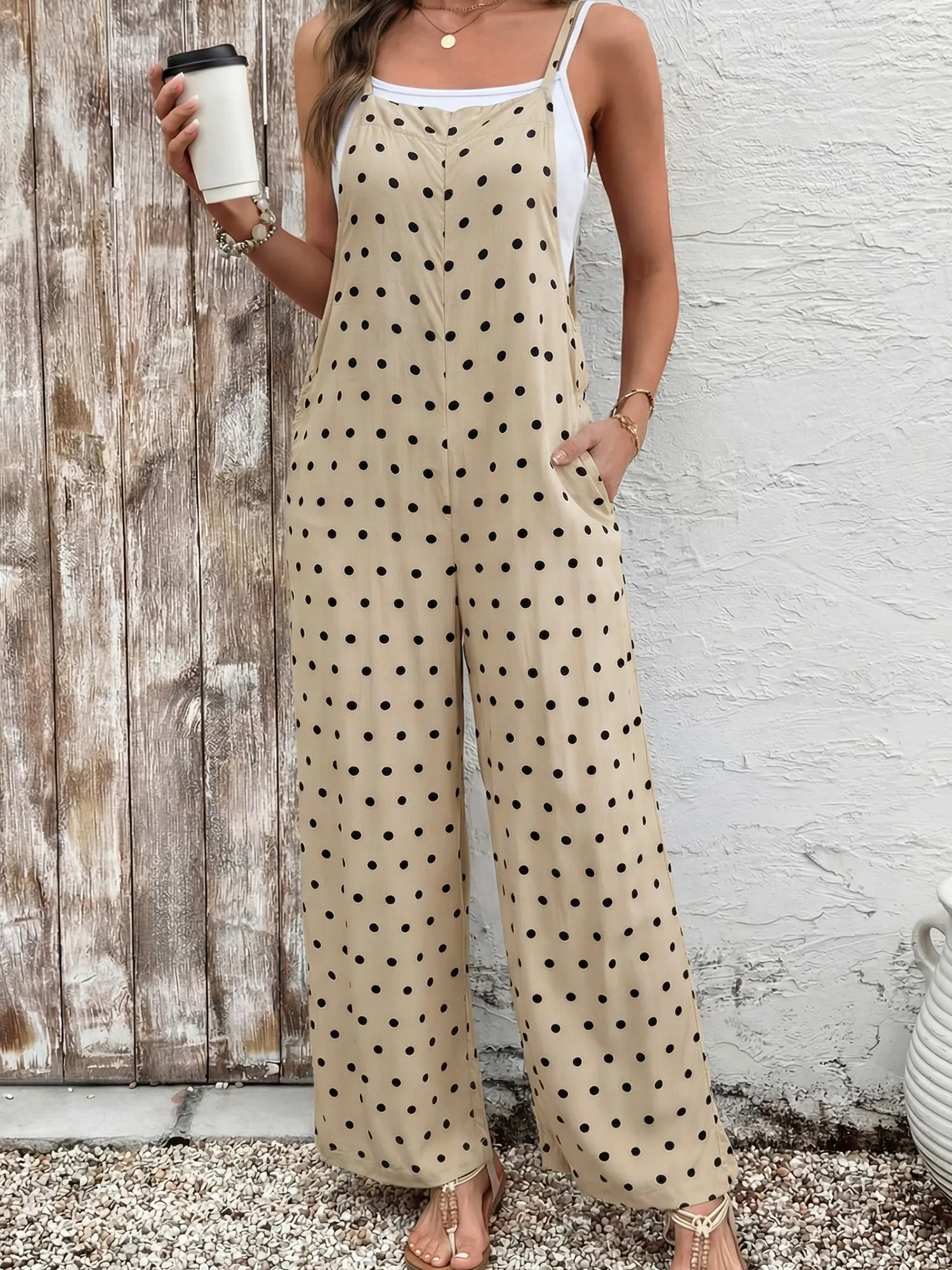Women's Summer Casual Khaki Floral Print Spaghetti Strap Jumpsuit Sleeveless High Waist Wide Leg Loose Beach Outfits with Pockets