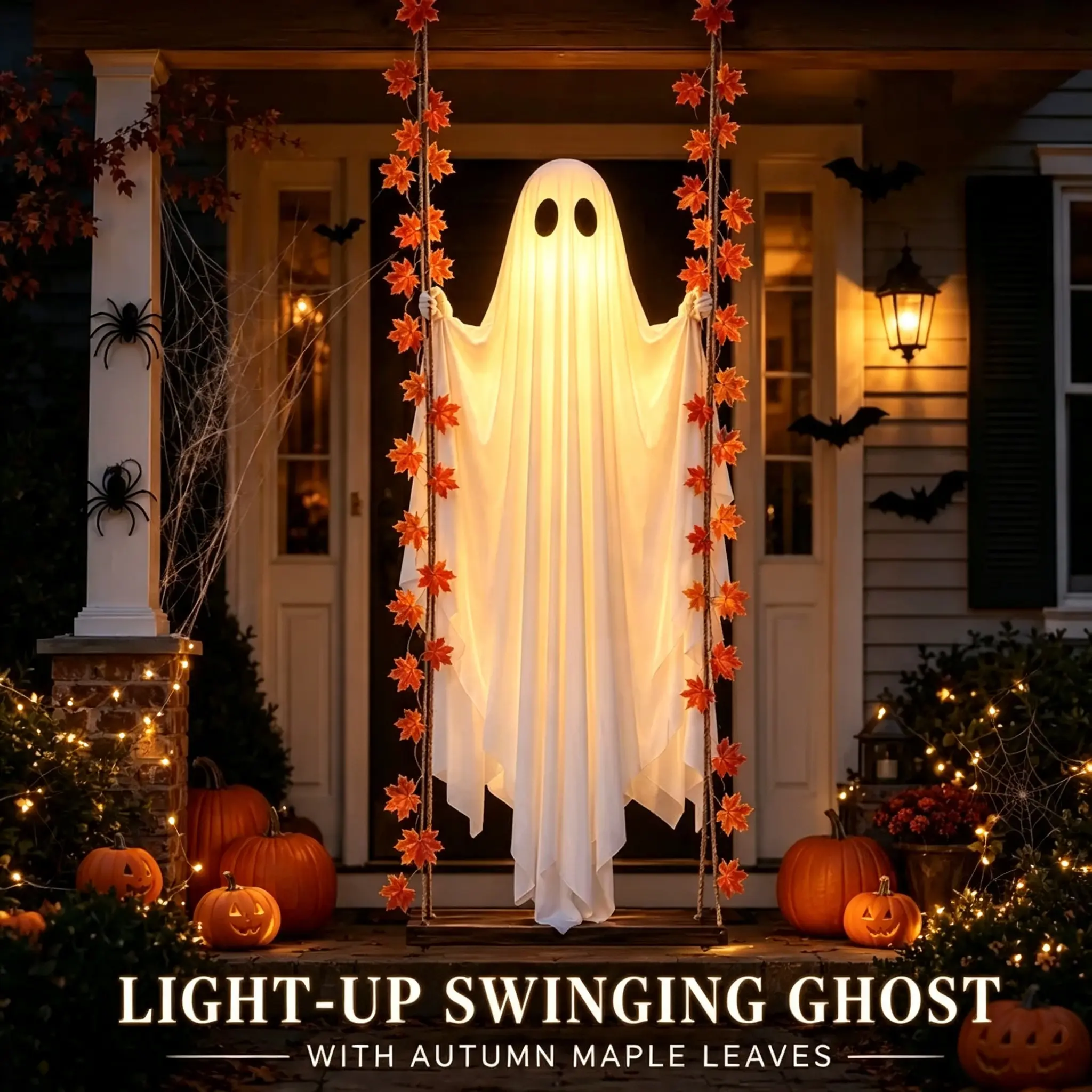 LED Light-Up Swinging Ghost Halloween Decoration with Maple Leaf Garland & Remote Control, Hanging Outdoor Decor for Yd, Porch & Party, Halloween Decorations Outdoor, Party Lighting Decoration