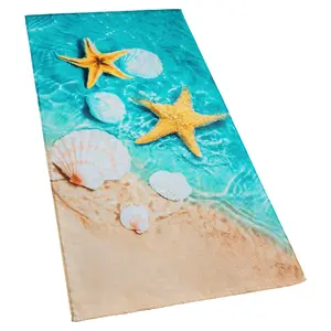 Starfish & Seashells Beach Towel, Velour Terry 100% Cotton, Blue and Sand Design Towers