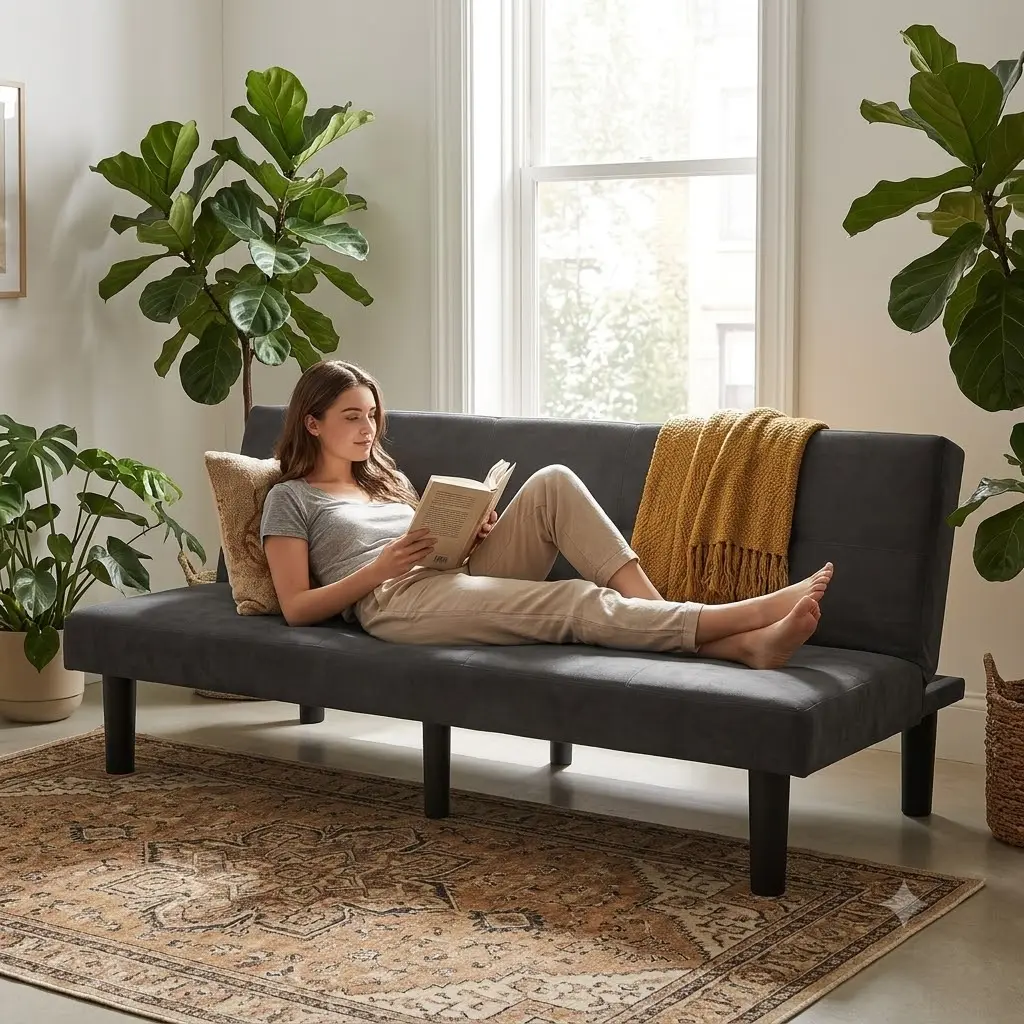 70" Modern Faux Suede Convertible Sleeper Sofa Bed - 3 Adjustable Backrest Angles, Compact Loveseat for Small Living Spaces, Dark Gray Indoor Furniture boneless sectional double