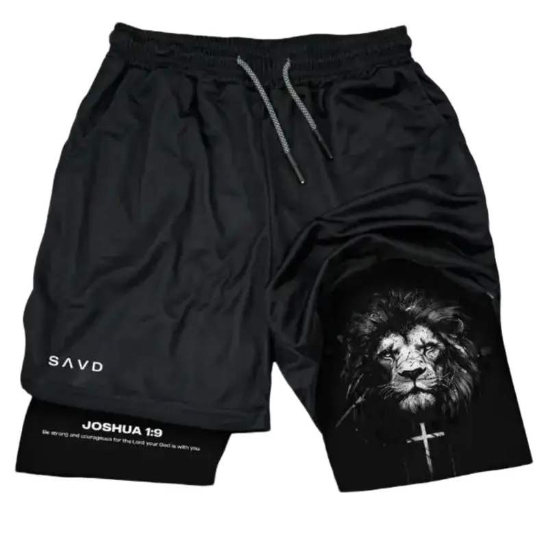 Joshua 1:9 Lion Performance Shorts Summer Double Layer Beach Pants Fitness Training Pant Sports