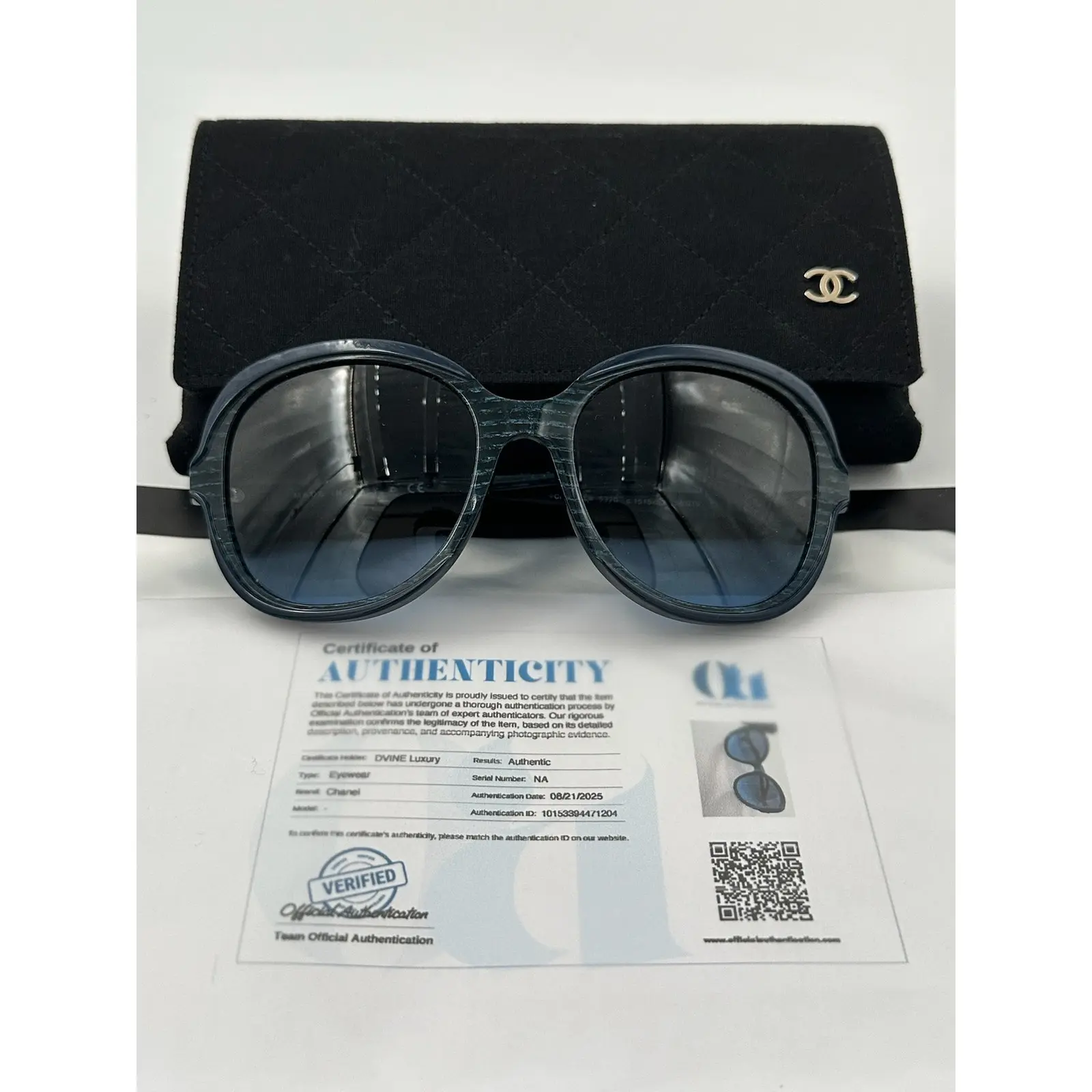 Pre-owned Oversized Chanel Sunglasses with Blue Printed Frames and Official Authentication