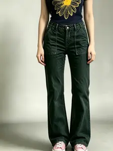 Women's Contrast Stitch Patch Pocket Bootcut Jeans, High Waist Whisker Washed Stretch Dark Green Flare Denim Trousers