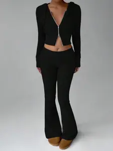 Women's Loungewear Set,Women 2 Piece Sets Cropped Zip Up Hoodie Flare Pants,All Seasons Loungewear Pajama Sets