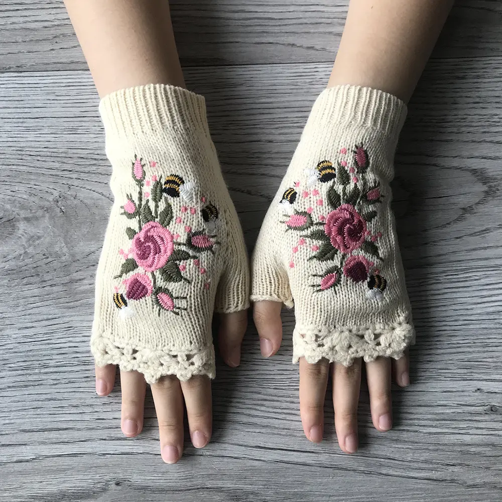 Flower Bee Embroidered Knit Gloves Short Fingerless Elastic Gloves Autumn Winter Coldproof Warm Gloves