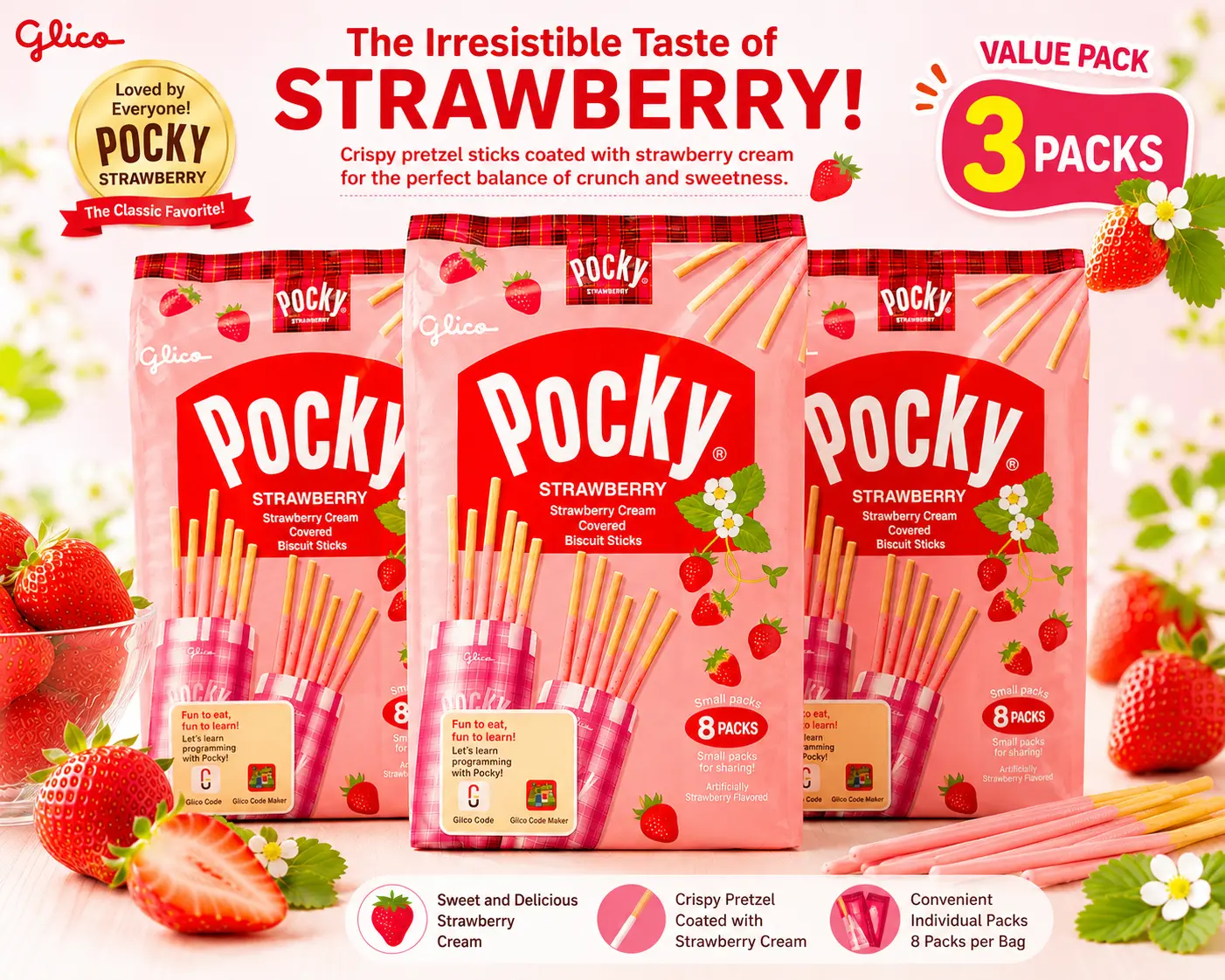 GLICO POCKY STRAWBEERY FROM JAPAN 3 PACKS GLICO POCKY STRAWBEERY FROM JAPAN 3 PACKS