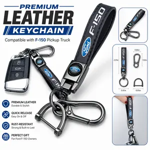 Genuine Leather Car Keychain Wristlet Lanyard, Anti-Lost D-Ring Key Fob Holder Compatible with Ford F-150 Pickup Truck, Premium Auto Key Ring Accessories USA Stock Car Keychain Set